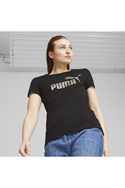 Puma EssentialsMetallicLogo - Women's Black Round Neck T-shirt
