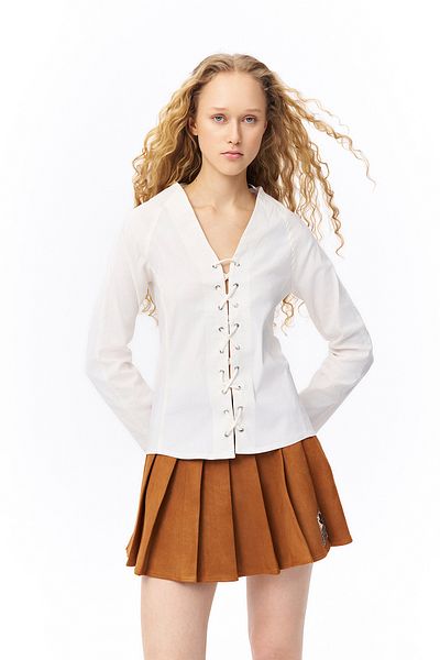 Quzu Ecru Colorful Bird Eye Lace-Up Long Sleeve Blouse