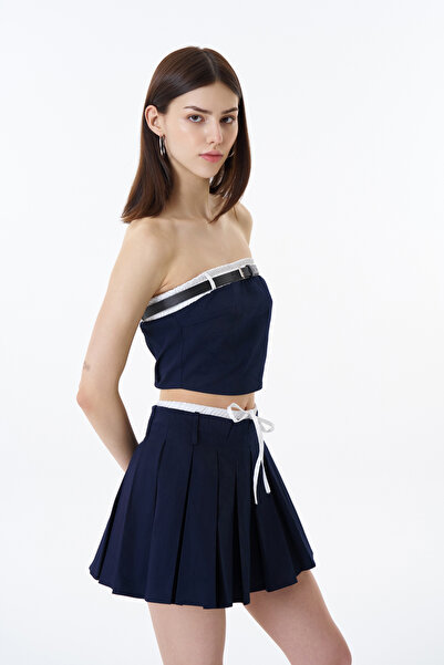 Quzu Kemer Aksesuarlı Straplez Büstiyer Bluz Lacivert