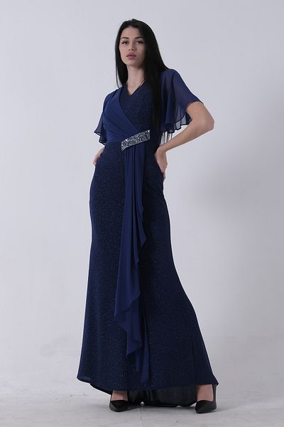 Feminist Half Sleeve Hijab Evening Dress with Stone Detail on the Waist 08061271