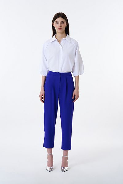Quzu Sax Colored Fabric Trousers with Elastic Waist