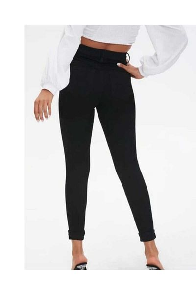 Pelin Black High Waist Full Lycra Linen Tight Leg