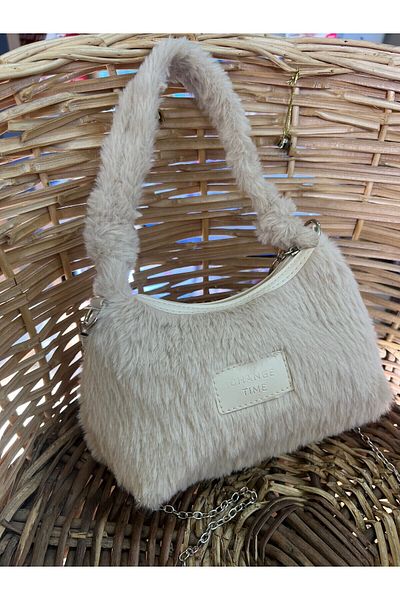 BEE BAGS Γυναικεία βελούδινη γούνινη κρέμα χρώματος αφράτη μπαγκέτα με λουράκι μοντέλο τσάντα χειρός και ώμου