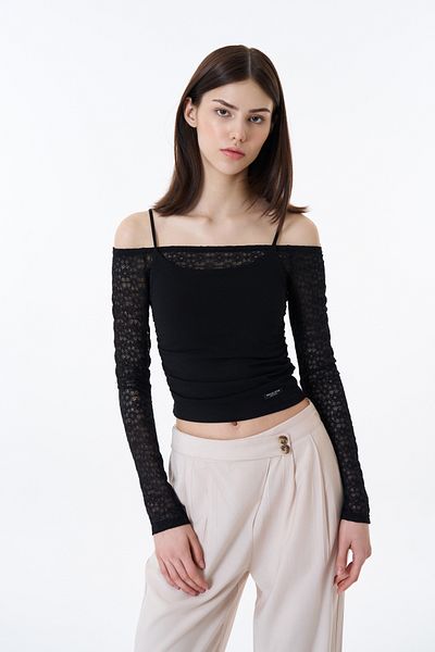 Quzu Black Lace Detailed Straps Draped Blouse