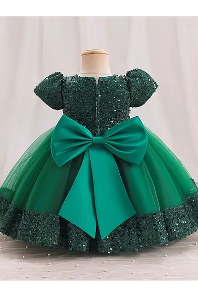 miço kids Green Sequin Balloon Sleeve Girl's Dress