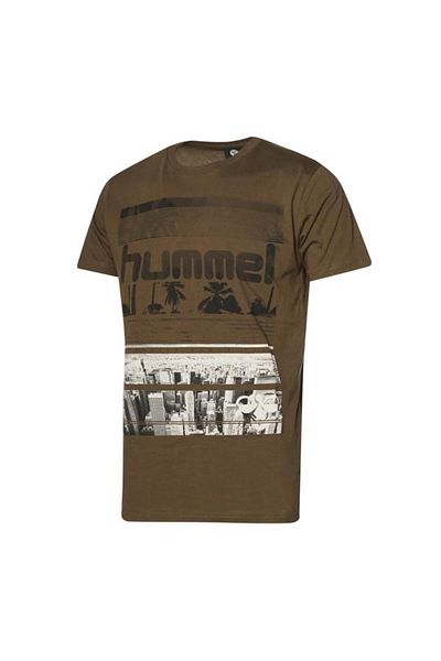 hummel Ανδρικό μπλουζάκι με λαιμόκοψη σε χακί στάμπα Dean
