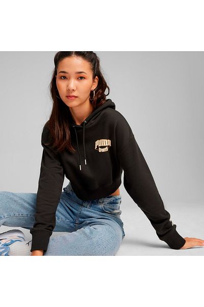 Puma Дамски черен суитшърт с качулка Team Cropped