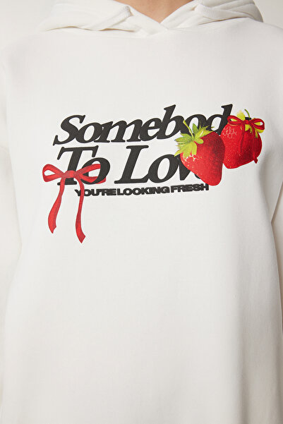 Lovelyİstanbul Knitted Hooded Slogan Sweatshirt - Ekru Lub0076