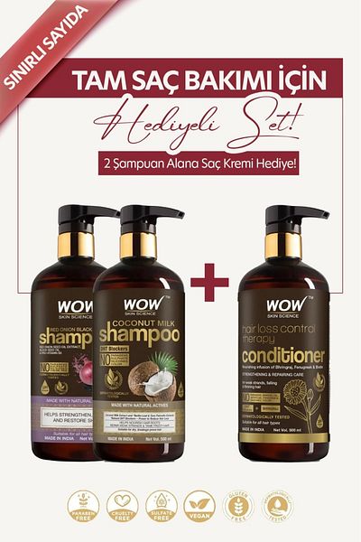 WOW Skin Science 500X3 ml Anti-Hair Loss - Coconut Milk and Red Onion Shampoo, Gift