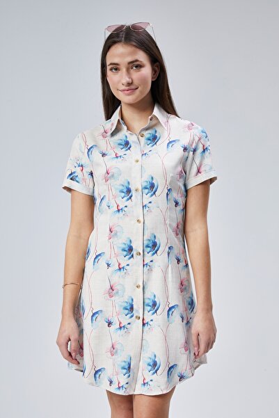 Butik Γυναικείο φόρεμα με μπεζ μπλε φλοράλ σχέδιο Εισαγόμενο λινό Sofia