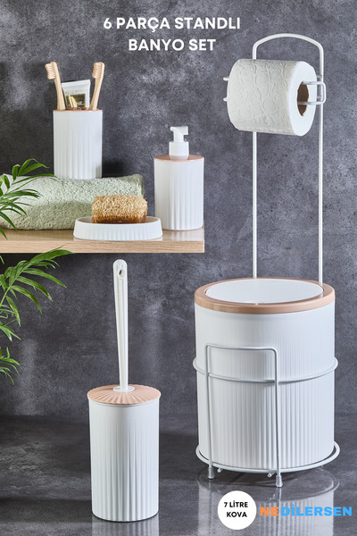 Genel Markalar Lüks 5'li Banyo Seti Metal Standlı Tuvalet Wc Kağıtlık Şık Tas...