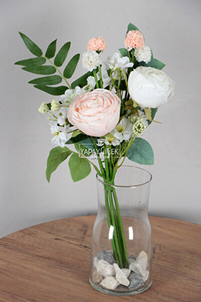 Yapay Çiçek Deposu Yapay Çiçek Kaliteli Karanfil Şakayık Gül Buketi 40 cm Pudra-Beyaz