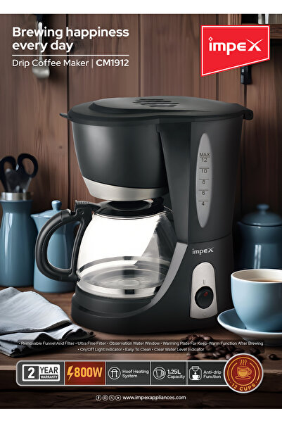 İMPEX IMPEX Drip Coffee Maker 1.25 Liters 12 Cups Quick Brewing Removable Filter 800W