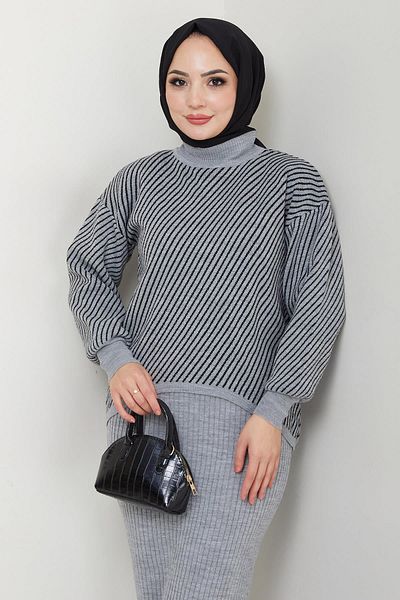 hafsamina Gray Horizontal Striped Knitwear Sweater and Gilet Set - Hm2591