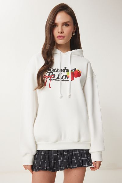 Lovelyİstanbul Knitted Hooded Slogan Sweatshirt - Ekru Lub0076