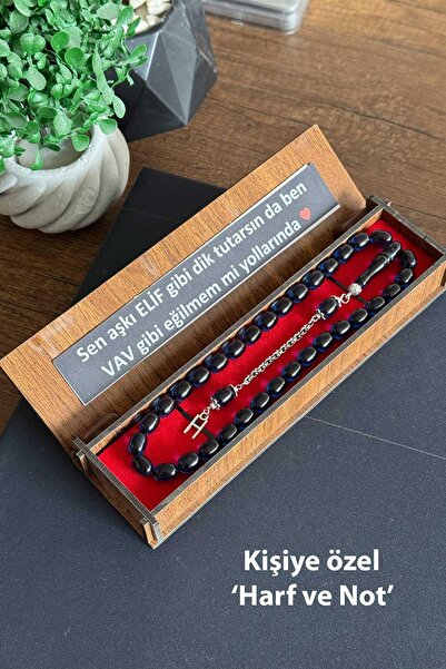 TESBİHKENTİ Kişiye Özel Harf ve Notlu Ahşap Kutuda Toz Kehribar Tesbih