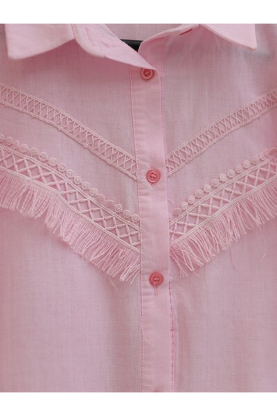 HİJABAYA Guipure Tasseled Raw Linen Balloon Sleeve Shirt