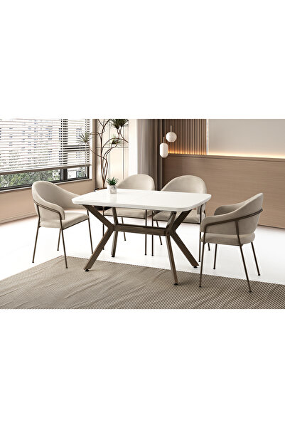 Viento Mobilya Anka Kar Beyaz HG Açılır 130X80 Masa 4 Kişilik Babyface Kumaş Metal Evrim Sandalye Masa Takımı