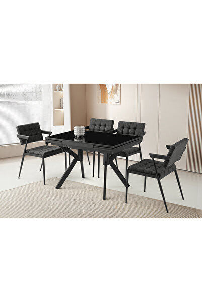Viento Mobilya Petra Siyah Cam Açılır 110X70 Masa 6 Kişilik Keten Kumaş Metal...