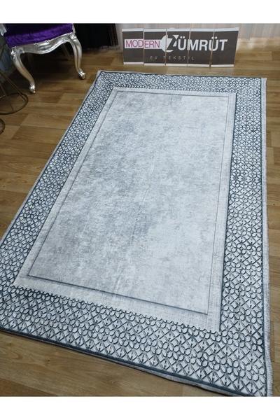 Zümrüt Ev Tekstil Lastikli Süngerli Kaymaz Halı Örtüsü Çerçeve Desen Sedef Gri Renk