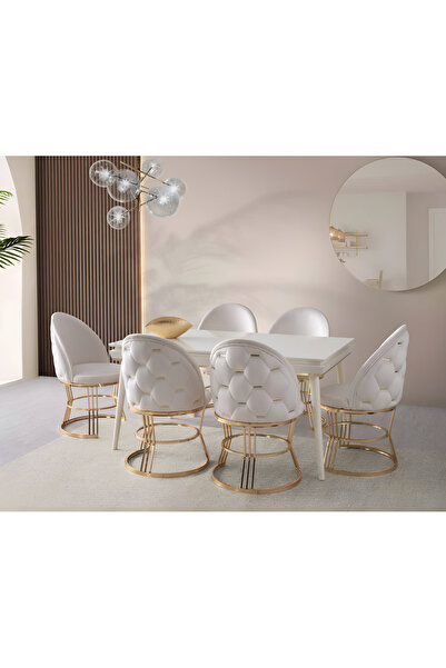 Viento Mobilya Roma Aytaşı Highgloss Açılır 155X90 Masa Carizma 6 Kişilik Krem Babyface Sandalye Masa Takımı