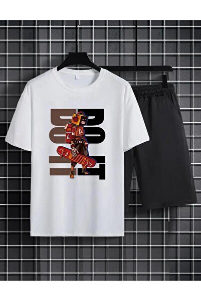 caddekombin Bo Push Printed T-Shirt Short Wide Leg Comfortable Fit Black Bott...