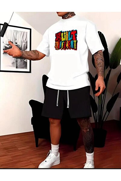 caddekombin Black and White Printed Comfortable T-Shirt Short Set - Wide Leg