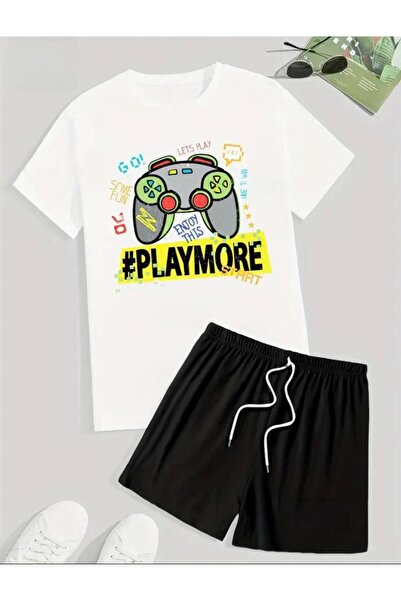 caddekombin Play More Printed T-Shirt Short Wide Leg Comfortable Fit Black Bo...
