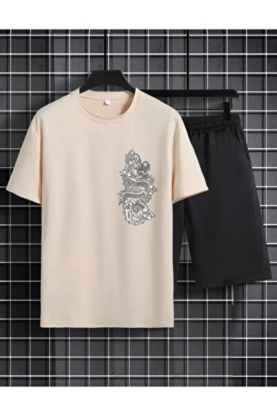 caddekombin Μπλουζάκι Dragon με τύπωμα Μαύρο Μπεζ - Σύνολο κοντό κοστούμι άνε...