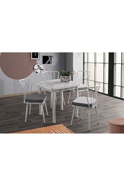 Viento Mobilya Enzi Beyaz Mermer Desen Sabit 70X70 Masa 4 Kişilik Babyface Me...