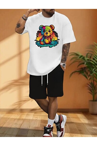 caddekombin Colorful Teddy Bear Printed T-Shirt Short Wide Leg Comfortable Fi...