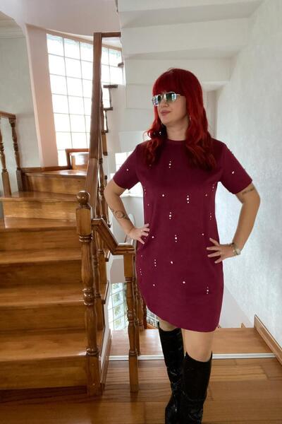 Derya butik Bordo Taşlı Nubuk Elbise