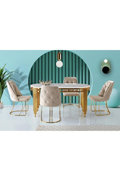 Viento Mobilya Mirella Marmo HG Açılır 160X80 Masa 6 Kişilik Babyface Kumaş M...