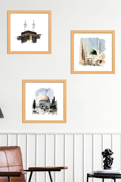GUPSE Wood & Bamboo Patterned Kaaba Medina Jerusalem Adhesive Photo Frame