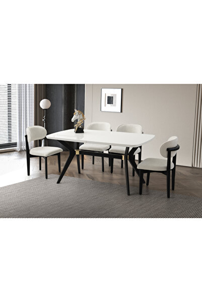 Viento Mobilya Anka Kar Beyaz Highgloss Açılır 160X90 Masa 8 Adet Bukle Kumaş...
