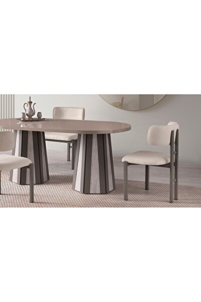 Viento Mobilya Bohem Cappucino Highgloss Sabit 180X90 Masa Tuna 8 Kişilik Krem Bukle Kumaş Sandalye Masa Takımı