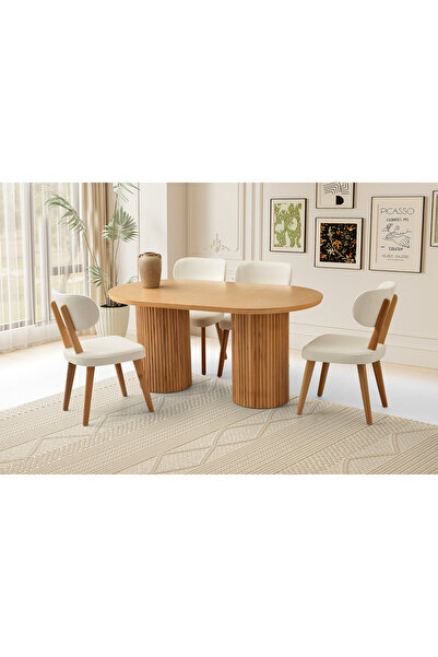 Viento Mobilya Orkide Naturel Sabit 160X90 Masa 8 Kişilik Bukle Kumaş Ahşap M...