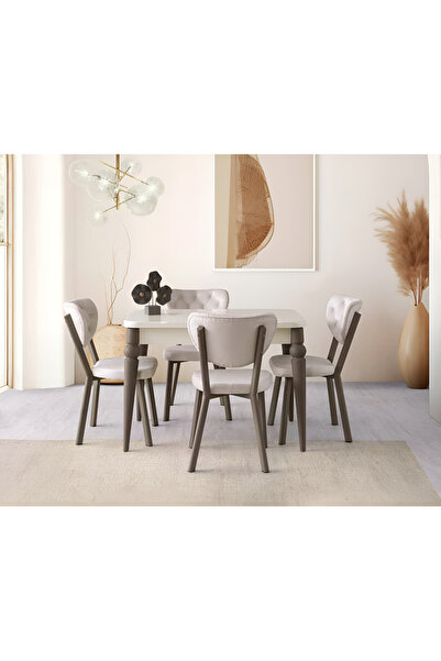 Viento Mobilya Kelebek Aytaşı Highgloss Açılır 110X70 Masa Elma 4 Kişilik Krem Babyface Kumaş Sandalye Masa Takımı