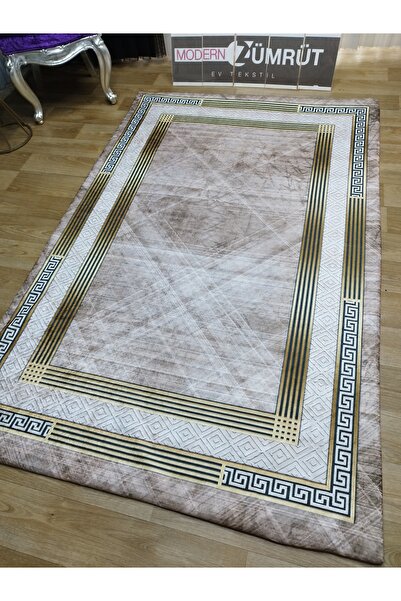 Zümrüt Ev Tekstil Lastikli Süngerli Kaymaz Halı Örtüsü Modern Desen Talia Kahve Renk
