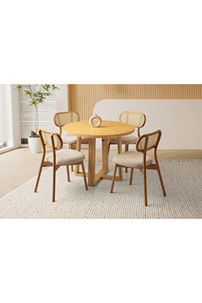 Viento Mobilya Yuvarlak Kayın Sabit 100X100 Masa 4 Kişilik Bukle Kumaş Ahşap Paris Sandalye Masa Takımı