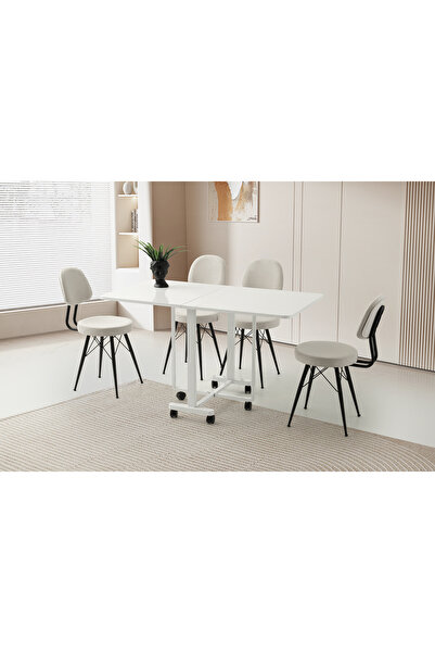 Viento Mobilya Lizbon Beyaz Renk Katlanır 130X70 Masa 6 Kişilik Babyface Meta...