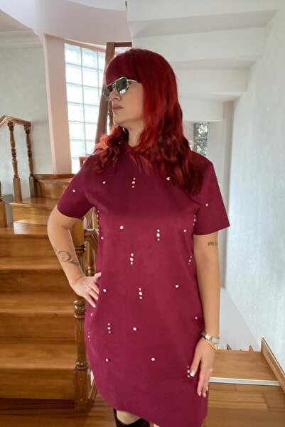 Derya butik Bordo Taşlı Nubuk Elbise