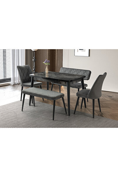 Viento Mobilya Silva Siyah Mermer Desen Açılır 120X70 Masa 6 Kişilik Babyface...