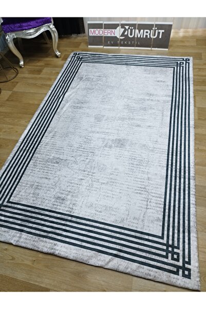 Zümrüt Ev Tekstil Lastikli Süngerli Kaymaz Halı Örtüsü Çerçeve Desen Tuana Gri Renk