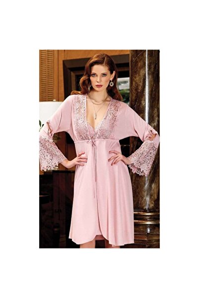 Jeremi 561 Set cămașă de noapte scurtă din șase piese din dantelă din bumbac pieptănat zestre - pudră