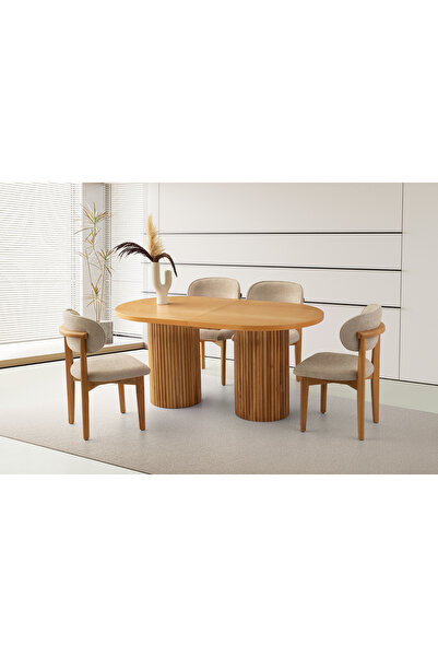 Viento Mobilya Picasso Naturel Açılır 160X90 Masa 8 Kişilik Bukle Kumaş Ahşap...