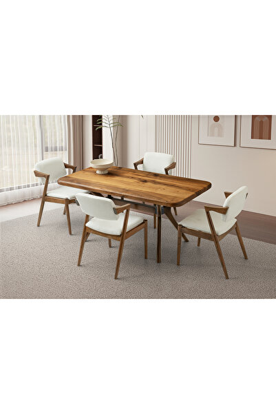 Viento Mobilya Doğal Ahşap Ceviz Sabit 160X90 Masa 6 Kişilik Bukle Kumaş Cevi...