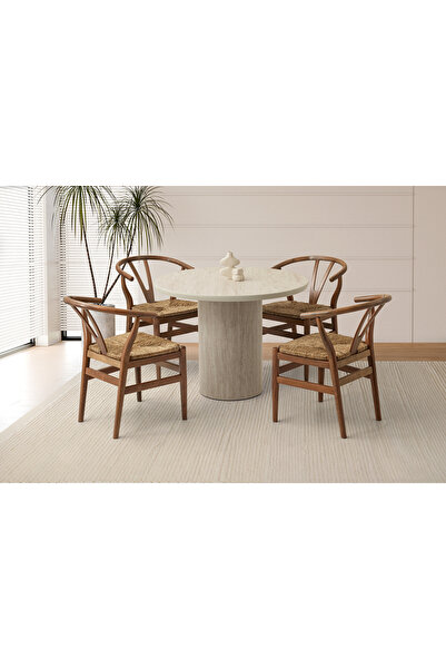 Viento Mobilya Orkide Sidon Desen Sabit 100X100 Masa 4 Kişilik Ahşap Wishbone...