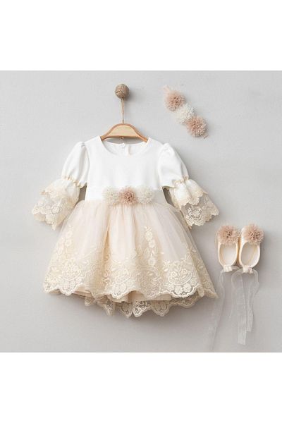 Magu Laced Floral Patterned Lace Baby Girl Mevlüt Set Dress