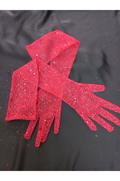 es moda shop Red Bridal Gloves Iiiltılı Taara Sequin Embroidered